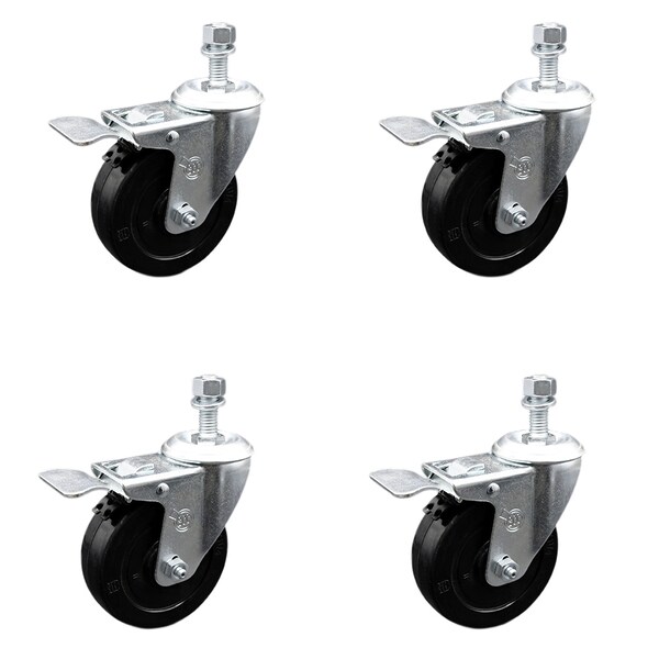 Service Caster 4 Inch SS Soft Rubber Swivel 1/2 Inch Threaded Stem Caster Set Total Lock Brake SCC-SSTSTTL20S414-SRS-121315-4 - main
